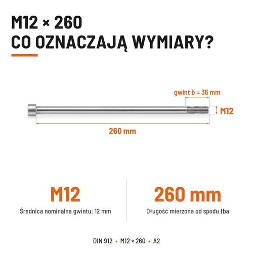 ŚRUBA IMBUSOWA Z NIEPEŁNYM GWINTEM DIN 912 M12X260 A2