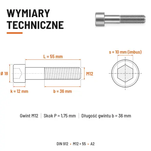 ŚRUBA IMBUSOWA Z NIEPEŁNYM GWINTEM DIN 912 M12X55 A2