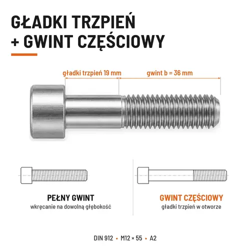 ŚRUBA IMBUSOWA Z NIEPEŁNYM GWINTEM DIN 912 M12X55 A2