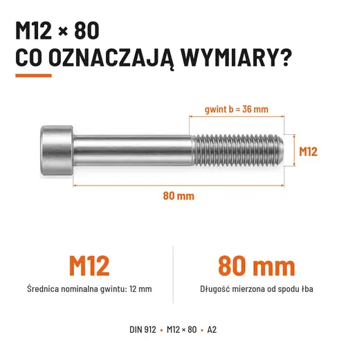 ŚRUBA IMBUSOWA Z NIEPEŁNYM GWINTEM DIN 912 M12X80 A2