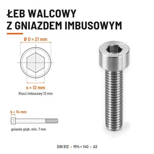 ŚRUBA IMBUSOWA Z NIEPEŁNYM GWINTEM DIN 912 M14X140 A2
