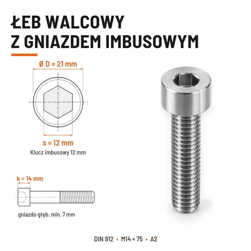 ŚRUBA IMBUSOWA Z NIEPEŁNYM GWINTEM DIN 912 M14X75 A2