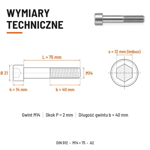 ŚRUBA IMBUSOWA Z NIEPEŁNYM GWINTEM DIN 912 M14X75 A2