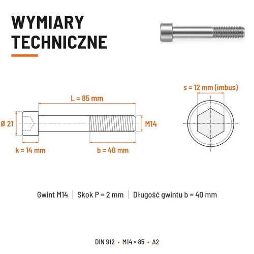 ŚRUBA IMBUSOWA Z NIEPEŁNYM GWINTEM DIN 912 M14X85 A2