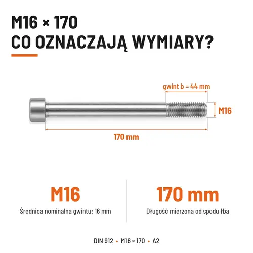 ŚRUBA IMBUSOWA Z NIEPEŁNYM GWINTEM DIN 912 M16X170 A2