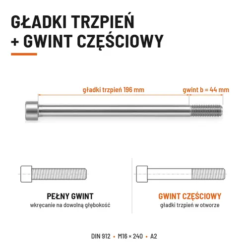 ŚRUBA IMBUSOWA Z NIEPEŁNYM GWINTEM DIN 912 M16X240 A2