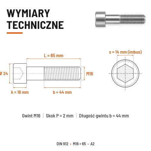 ŚRUBA IMBUSOWA Z NIEPEŁNYM GWINTEM DIN 912 M16X65 A2