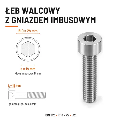 ŚRUBA IMBUSOWA Z NIEPEŁNYM GWINTEM DIN 912 M16X75 A2