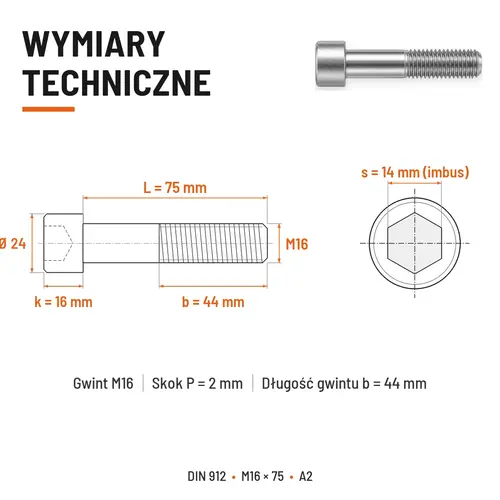 ŚRUBA IMBUSOWA Z NIEPEŁNYM GWINTEM DIN 912 M16X75 A2