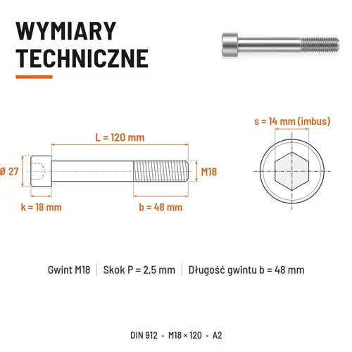 ŚRUBA IMBUSOWA Z NIEPEŁNYM GWINTEM DIN 912 M18X120 A2