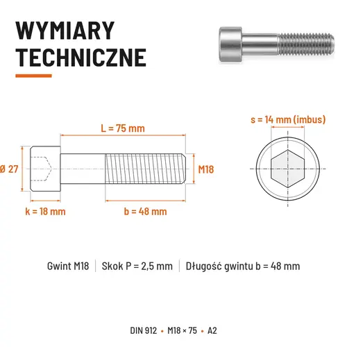 ŚRUBA IMBUSOWA Z NIEPEŁNYM GWINTEM DIN 912 M18X75 A2