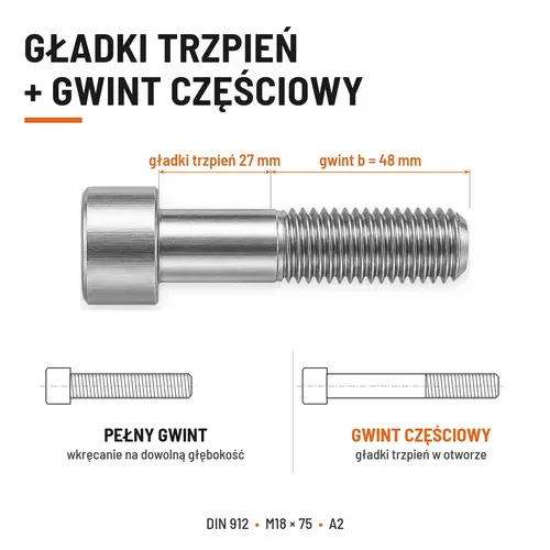 ŚRUBA IMBUSOWA Z NIEPEŁNYM GWINTEM DIN 912 M18X75 A2