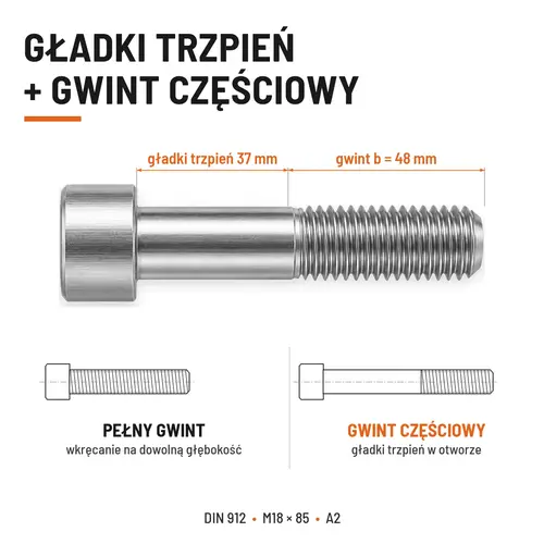 ŚRUBA IMBUSOWA Z NIEPEŁNYM GWINTEM DIN 912 M18X85 A2
