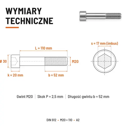 ŚRUBA IMBUSOWA Z NIEPEŁNYM GWINTEM DIN 912 M20X110 A2