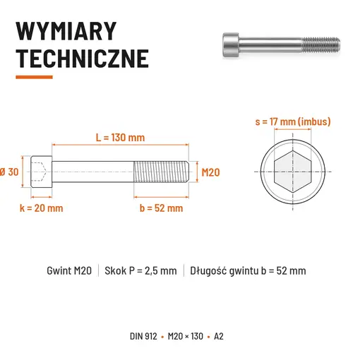ŚRUBA IMBUSOWA Z NIEPEŁNYM GWINTEM DIN 912 M20X130 A2