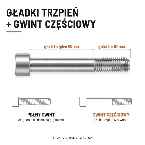 ŚRUBA IMBUSOWA Z NIEPEŁNYM GWINTEM DIN 912 M20X140 A2