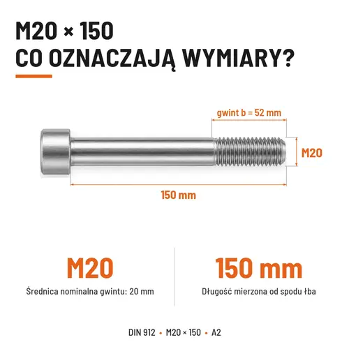 ŚRUBA IMBUSOWA Z NIEPEŁNYM GWINTEM DIN 912 M20X150 A2