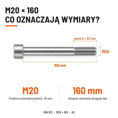 ŚRUBA IMBUSOWA Z NIEPEŁNYM GWINTEM DIN 912 M20X160 A2
