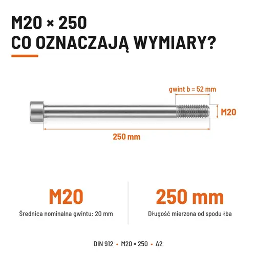 ŚRUBA IMBUSOWA Z NIEPEŁNYM GWINTEM DIN 912 M20X250 A2