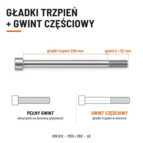 ŚRUBA IMBUSOWA Z NIEPEŁNYM GWINTEM DIN 912 M20X260 A2