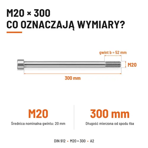ŚRUBA IMBUSOWA Z NIEPEŁNYM GWINTEM DIN 912 M20X300 A2
