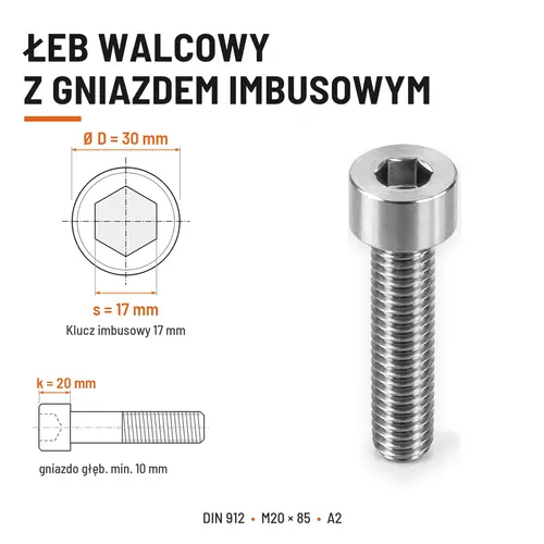 ŚRUBA IMBUSOWA Z NIEPEŁNYM GWINTEM DIN 912 M20X85 A2