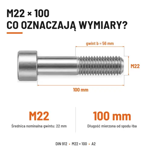 ŚRUBA IMBUSOWA Z NIEPEŁNYM GWINTEM DIN 912 M22X100 A2