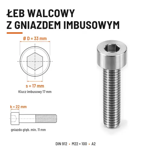 ŚRUBA IMBUSOWA Z NIEPEŁNYM GWINTEM DIN 912 M22X100 A2