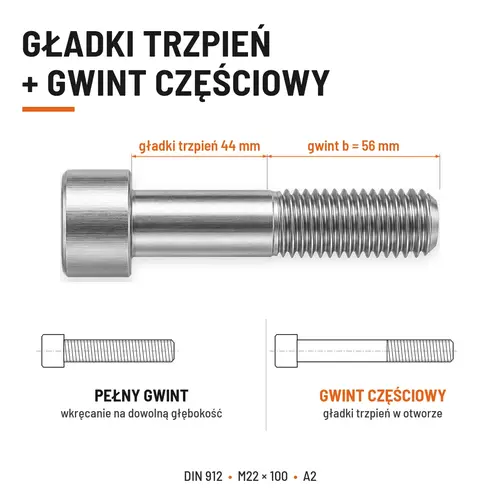 ŚRUBA IMBUSOWA Z NIEPEŁNYM GWINTEM DIN 912 M22X100 A2