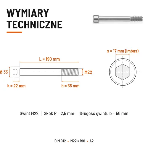 ŚRUBA IMBUSOWA Z NIEPEŁNYM GWINTEM DIN 912 M22X190 A2