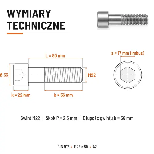 ŚRUBA IMBUSOWA Z NIEPEŁNYM GWINTEM DIN 912 M22X80 A2