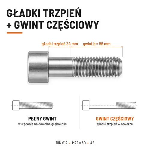ŚRUBA IMBUSOWA Z NIEPEŁNYM GWINTEM DIN 912 M22X80 A2