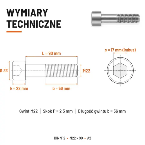 ŚRUBA IMBUSOWA Z NIEPEŁNYM GWINTEM DIN 912 M22X90 A2