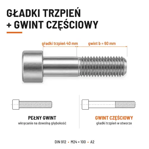 ŚRUBA IMBUSOWA Z NIEPEŁNYM GWINTEM DIN 912 M24X100 A2