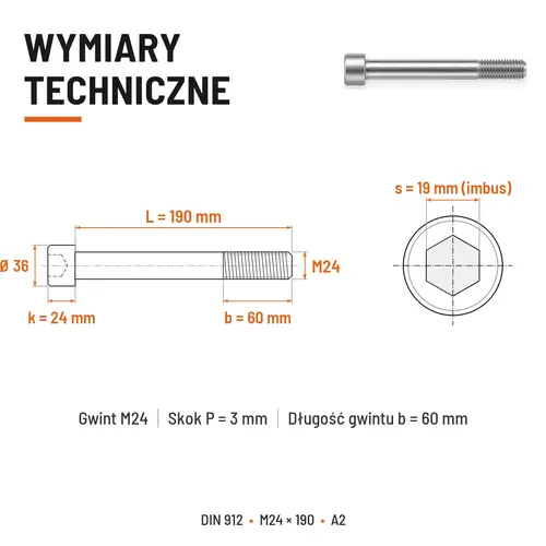 ŚRUBA IMBUSOWA Z NIEPEŁNYM GWINTEM DIN 912 M24X190 A2