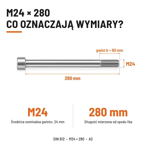 ŚRUBA IMBUSOWA Z NIEPEŁNYM GWINTEM DIN 912 M24X280 A2