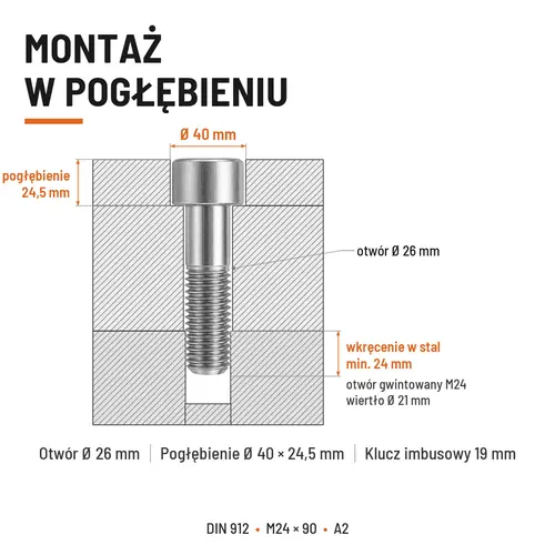 ŚRUBA IMBUSOWA Z NIEPEŁNYM GWINTEM DIN 912 M24X90 A2