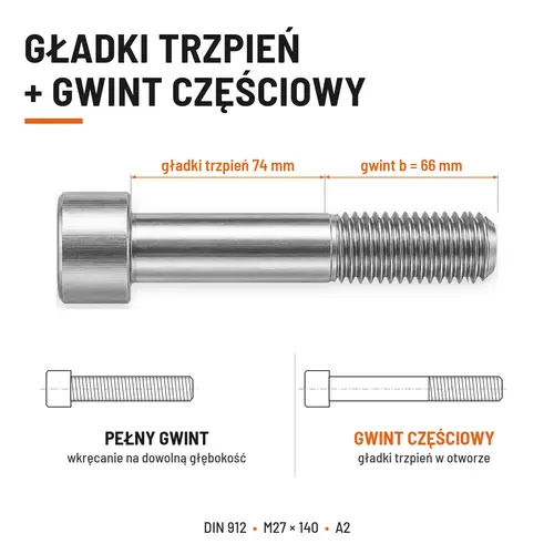 ŚRUBA IMBUSOWA Z NIEPEŁNYM GWINTEM DIN 912 M27X140 A2