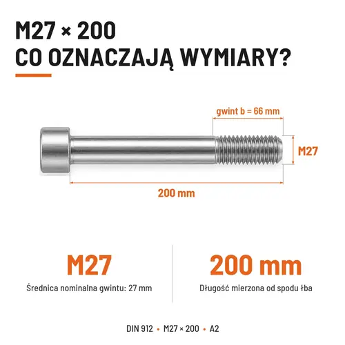 ŚRUBA IMBUSOWA Z NIEPEŁNYM GWINTEM DIN 912 M27X200 A2