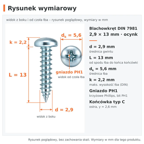 Rysunek wymiarowy – blachowkręt DIN 7981 2,9 × 13 ocynk: d 2,9 mm, L 13 mm, dk 5,6 mm, k 2,2 mm