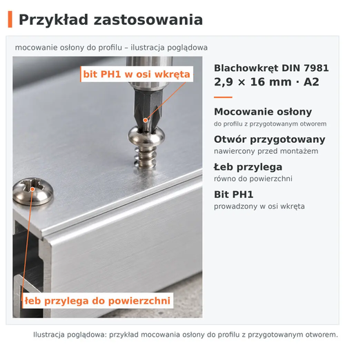 Przykład zastosowania – blachowkręt DIN 7981 2,9 × 16 A2, mocowanie osłony do profilu