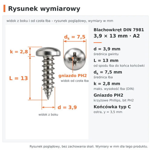 Rysunek wymiarowy – blachowkręt DIN 7981 3,9 × 13 A2: d 3,9 mm, L 13 mm, dk 7,5 mm, k 2,8 mm