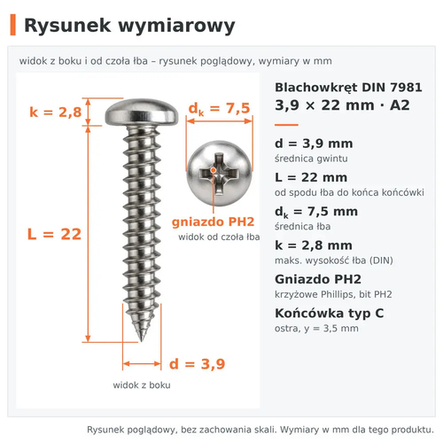 Rysunek wymiarowy – blachowkręt DIN 7981 3,9 × 22 A2: d 3,9 mm, L 22 mm, dk 7,5 mm, k 2,8 mm