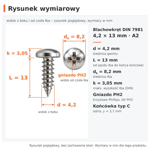 Rysunek wymiarowy – blachowkręt DIN 7981 4,2 × 13 A2: d 4,2 mm, L 13 mm, dk 8,2 mm, k 3,05 mm