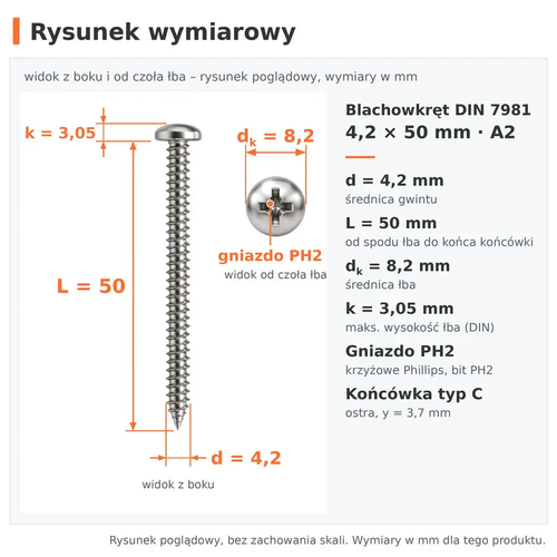 Rysunek wymiarowy – blachowkręt DIN 7981 4,2 × 50 A2: d 4,2 mm, L 50 mm, dk 8,2 mm, k 3,05 mm