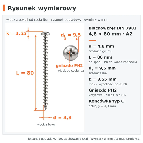 Rysunek wymiarowy – blachowkręt DIN 7981 4,8 × 80 A2: d 4,8 mm, L 80 mm, dk 9,5 mm, k 3,55 mm