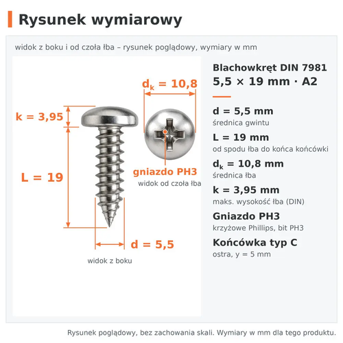 Rysunek wymiarowy – blachowkręt DIN 7981 5,5 × 19 A2: d 5,5 mm, L 19 mm, dk 10,8 mm, k 3,95 mm