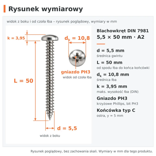 Rysunek wymiarowy – blachowkręt DIN 7981 5,5 × 50 A2: d 5,5 mm, L 50 mm, dk 10,8 mm, k 3,95 mm
