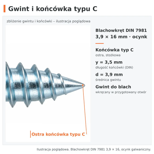 Gwint i ostra końcówka typu C – blachowkręt DIN 7981 3,9 × 16, ocynk galwaniczny
