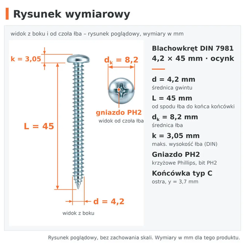 Rysunek wymiarowy – blachowkręt DIN 7981 4,2 × 45 ocynk: d 4,2 mm, L 45 mm, dk 8,2 mm, k 3,05 mm